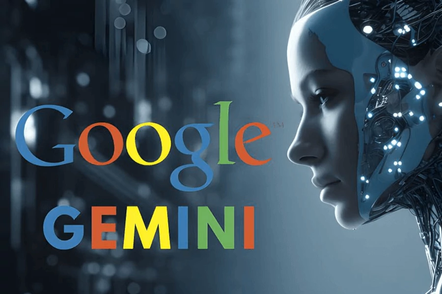 سر یک ربات با چهره زنانه که جلوی آن google gemini نوشته شده است.